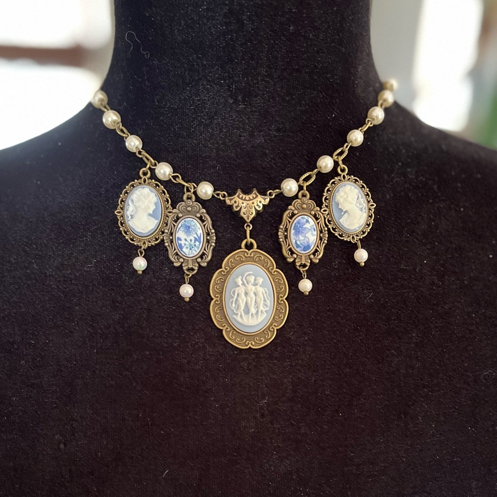 Vintage Cameo Wedgewood Blue Style Choker Three Fates Necklace